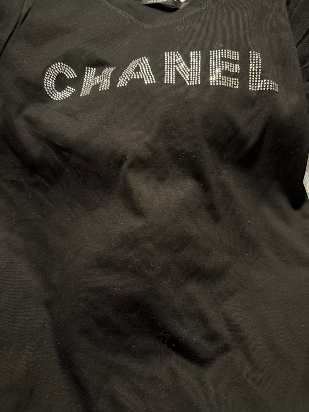 CHANEL Black Crystal-Stud Logo Tee